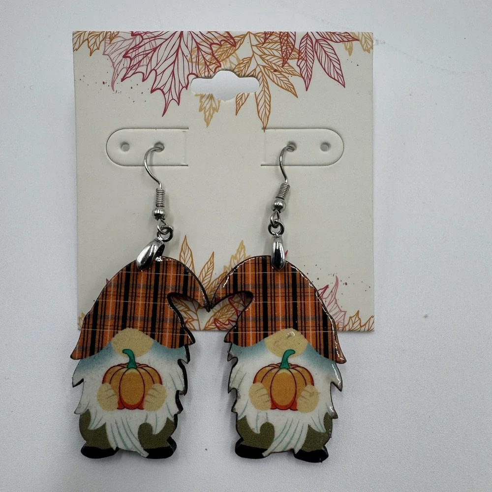 Fall Plaid Gnome Wood Drop Earrings Silver Tone NWT